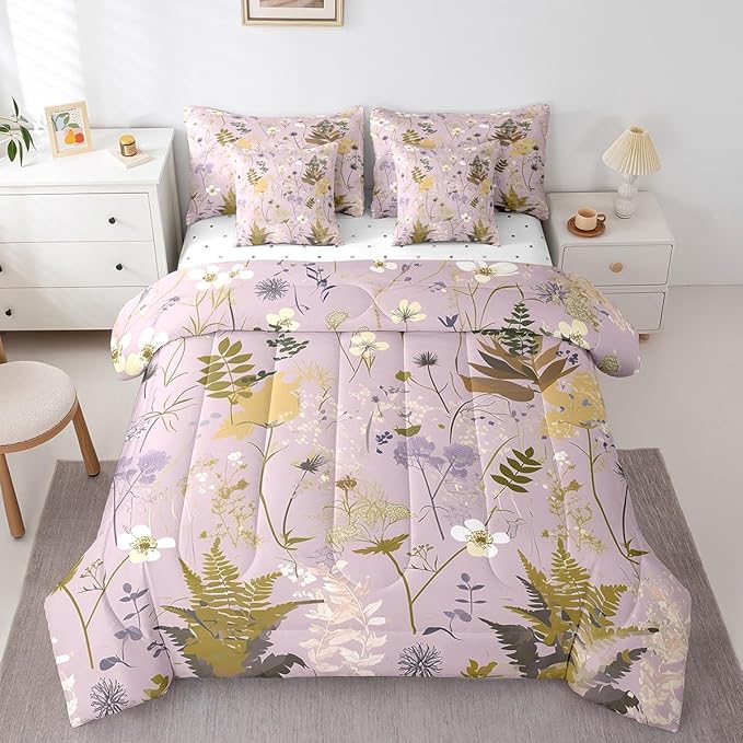 Castle Fairy Rustic Jungle Leaves Comforter Set Bed in a Bag 7 Pieces Twin,Retro Botanical Flowers Leaves Bedding Set,Farmhouse Style (Comforter+Fitted+Flat Sheet+2 Pillowcases+2 Throw Pillow Covers)