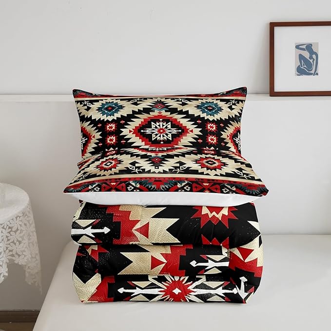 Feelyou Boho Comforter Set Twin Size Southwest Native American Design Comforter Southwestern Geometric Bedding Set Western Decor Duvet Set Room Decor Black Beige Quilt Set