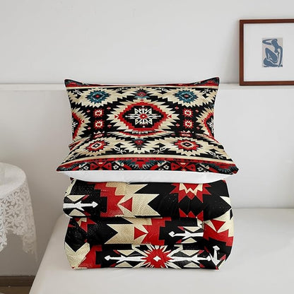 Feelyou Boho Comforter Set Full Size Southwest Native American Design Comforter Southwestern Geometric Bedding Set Western Decor Duvet Set Room Decor Black Beige Quilt Set