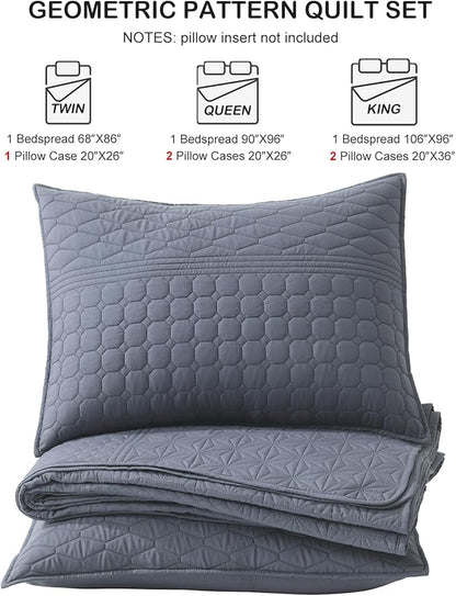 HORIMOTE HOME Steel Blue Queen Size Quilt Set - Soft Microfiber Bedspread with 2 Shams, Lightweight & All-Season Geometric Coverlet for Cozy Bedding