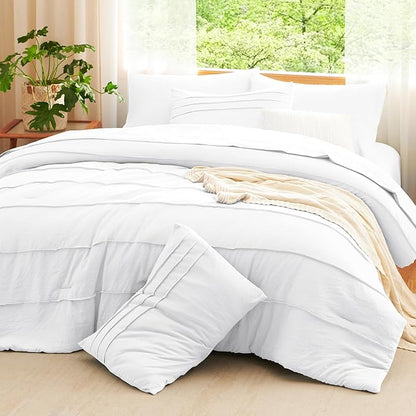 CozyLux Full Size Comforter Sets White, 7 Pieces Soft Pinch Pleat Bed in a Bag Full Comforter Set with Sheets, Boho Bed Set with Down Alternative Comforter, Sheets, Pillowcases & Shams
