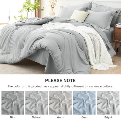 MUXHOMO 7 Pieces King Comforter Set, Soft Bed in a Bag King Size, All Season Bedding Set with Comforter, Flat Sheet, Fitted Sheet, Pillowcases & Shams, Light Grey