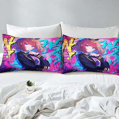 Erosebridal Girls Japanese Anime Bedding Set Queen, Kawaii Anime Girl Fitted Sheet Cartoon Girl Bed Sheets for Kids Teens Adult, Japanese Animation Sci Fi Style Sheets, 2 Pillow Cases