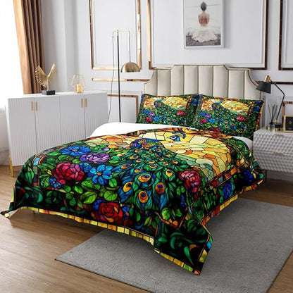 Peacock Kids Bedspread Twin Size,Rose Flowers Feather Wild Animals Rustic Coverlet Set,Boys Girls Room Decor,Geometric Grids Abstract Quilted Coverlet,Green Retro Chic Bedding Quilt,1 Pillowcase
