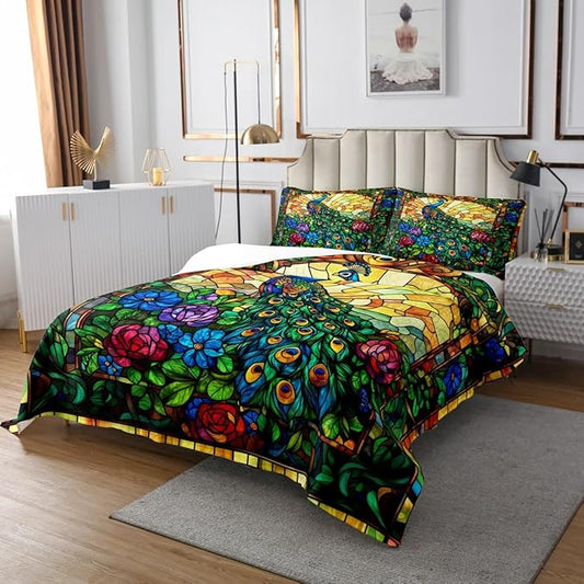 Peacock Kids Bedspread Twin Size,Rose Flowers Feather Wild Animals Rustic Coverlet Set,Boys Girls Room Decor,Geometric Grids Abstract Quilted Coverlet,Green Retro Chic Bedding Quilt,1 Pillowcase