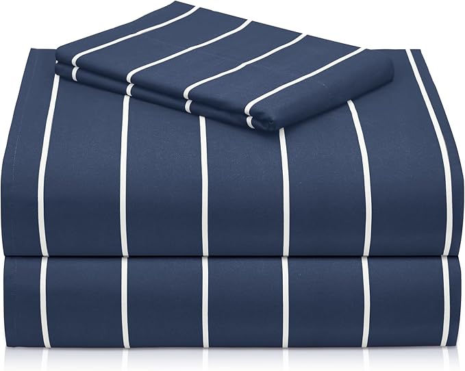 LuxClub Striped Sheets, 3 PC Striped Bed Sheets Twin Size, Deep Pockets 18" Eco Friendly Wrinkle Free-Kids-Fitted Sheets Machine Washable Hotel Bedding (Twin, Navy)