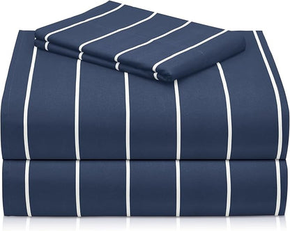LuxClub Striped Sheets, 3 PC Striped Bed Sheets Twin Size, Deep Pockets 18" Eco Friendly Wrinkle Free-Kids-Fitted Sheets Machine Washable Hotel Bedding (Twin, Navy)
