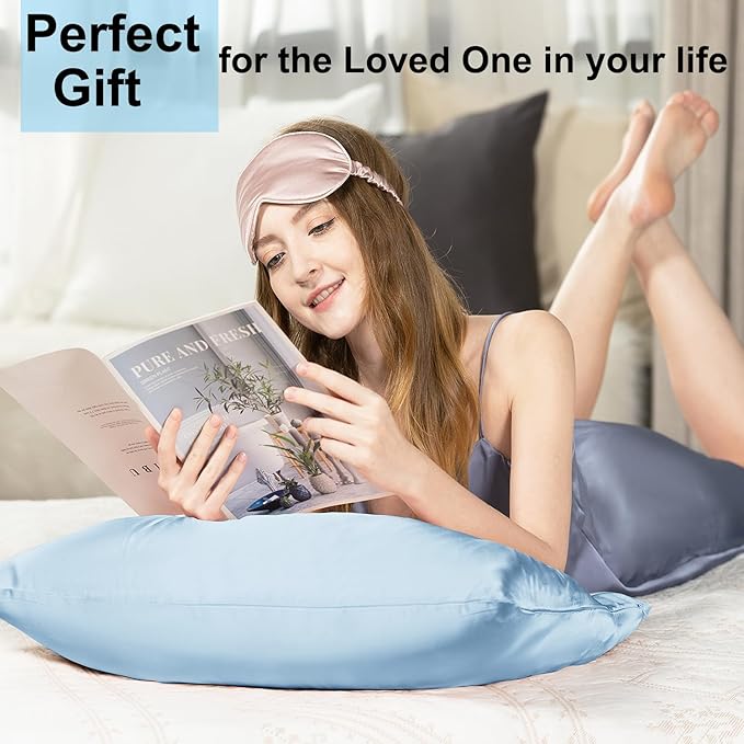 Silk Pillowcase for Hair and Skin with Hidden Zipper, Ravmix Both Sides 21Momme Mulberry Silk Cooling Pillow Case Standard Size 20×26inches, 1PCS, Light Blue