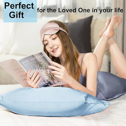 Silk Pillowcase for Hair and Skin with Hidden Zipper, Ravmix Both Sides 21Momme Mulberry Silk Cooling Pillow Case Standard Size 20×26inches, 1PCS, Light Blue