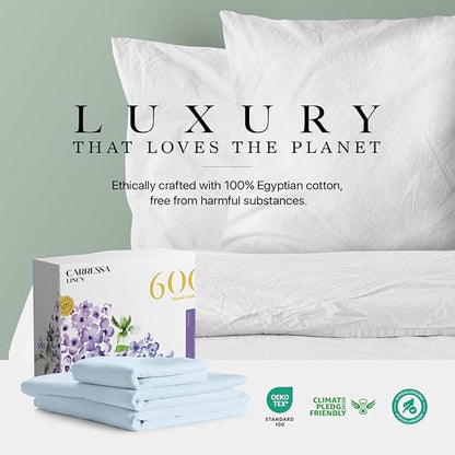 Carressa Linen 100% Egyptian Cotton Twin XL Sheets Set - 600 Thread Count Luxury Egyptian Cotton Sheets Twin XL Size (3 PC, Sky Blue), 16" Deep Pocket, Soft, Cooling, Sateen Weave Dorm Room Bedding