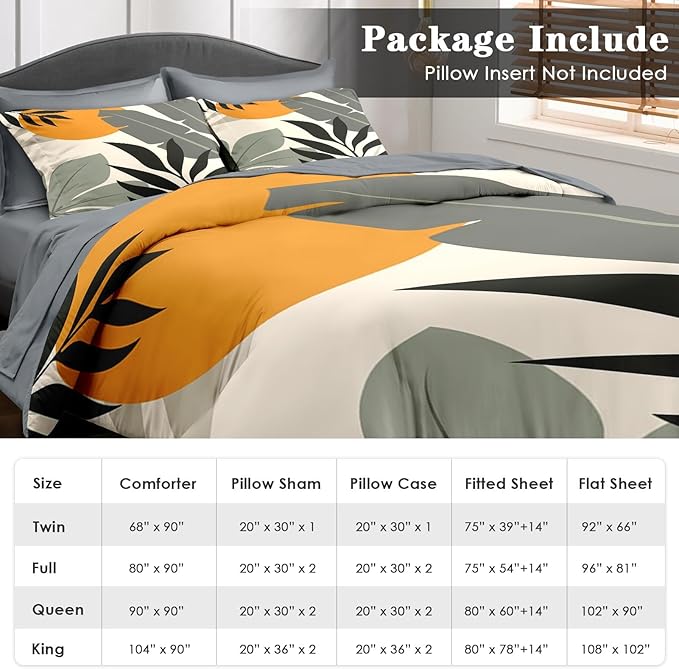Comforter Set Twin Size, Tropical Palm Leaves 5 Pcs Bedding for Kids and Adults, Vintage Monstera Bed Sheet Sets with Fitted Sheet Pillowcase & Sham for Bedroom Bed Decor