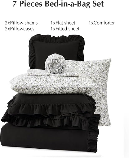 Full Comforter Set - 7 Pieces Ruffle Black Bedding Sets, Shabby Chic Farmhouse Bed in a Bag Full with Ruffle Comforter, Floral Sheets, Pillowcases & Shams