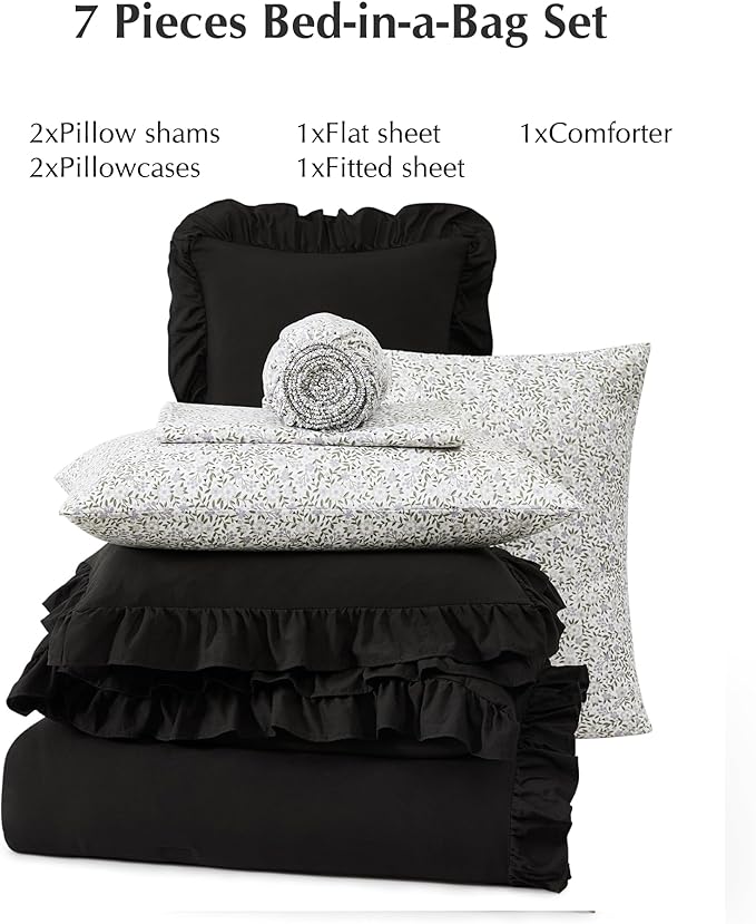 Queen Comforter Set - 7 Pieces Ruffle Black Bedding Sets, Shabby Chic Farmhouse Bed in a Bag Queen with Ruffle Comforter, Floral Sheets, Pillowcases & Shams