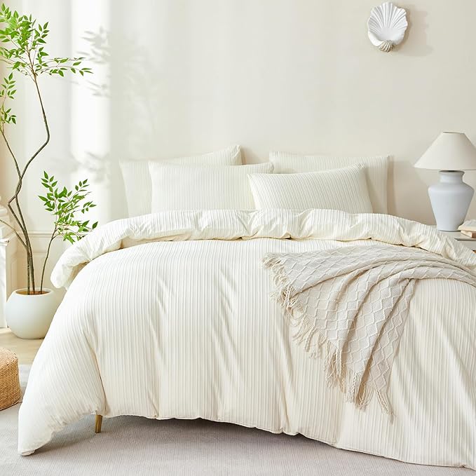 Comforter Set Queen Size Striped Soft Luxury Washed Microfiber Jacquard 3 Pieces Bedding, White Beige Vertical Ticking Stripes Comforter with 2 Pillowcases Breathable Durable Comfy