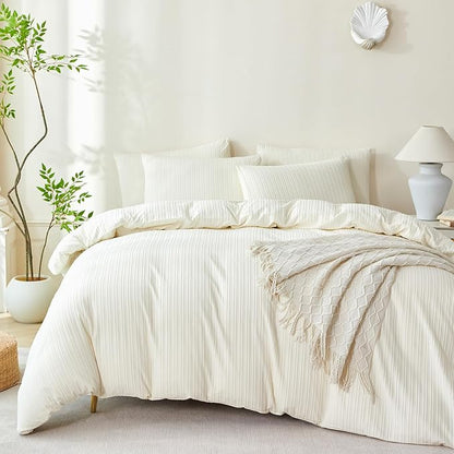 Comforter Set Queen Size Striped Soft Luxury Washed Microfiber Jacquard 3 Pieces Bedding, White Beige Vertical Ticking Stripes Comforter with 2 Pillowcases Breathable Durable Comfy