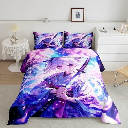 Erosebridal Anime Girl Twin Comforter Set for Kids, Kawaii Japanese Anime Bedding Set Cartoon Girl Duvet Insert Sci Fi Style Japanese Animation Quilt for Kids Girls Teens Adult Bedroom