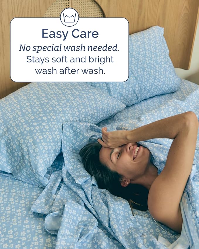 Floral Sheets - Blue Floral Bed Sheet Set - 1 Flat, 2 Fitted & 2 Pillowcases w/ Deep Pockets - Wrinkle & Fade Free - Boho Botanical Bedding - Ultra-Soft, Breathable and Cooling - Split King Size Set