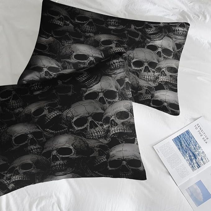 Comforter Set Queen Size, Skeleton Retro 7 Pcs Bedding for Adults, Spooky Horror Gothic Bed Sheet Sets with Fitted Sheet 2 Pillowcases & 2 Shams for Bedroom Bed Decor
