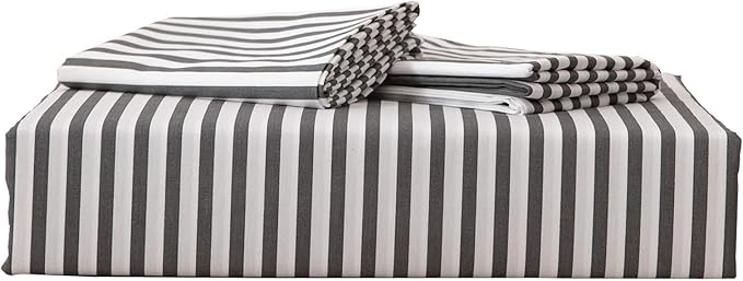 JELLYMONI 100% Natural Cotton 2pcs Striped Duvet Cover Sets,White Duvet Cover with Dark Grey Stripes Pattern Printed Comforter Cover,with Zipper Closure & Corner Ties(Twin Size)