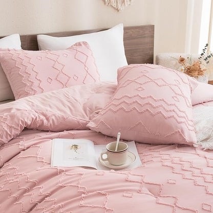 Andency Pink Tufted Comforter Set Queen(90x90Inch), 3 Pieces(1 Boho Comforter, 2 Pillowcases) Textured Farmhouse, Soft Microfiber Down Alternative Geometric Bedding Set