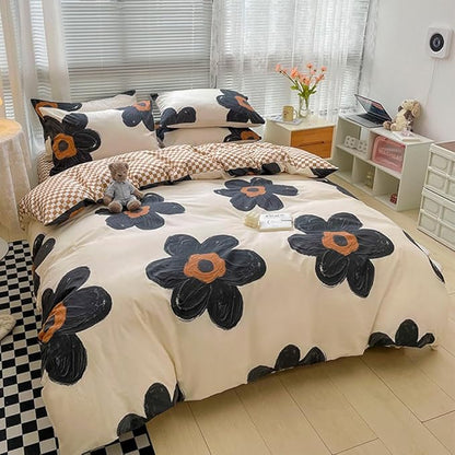 CLOTHKNOW Black Sunflower Queen Comforter Set Floral Bedding Comforter Sets Brown Plaid Comforter Soft Botanical Queen Comforter with 2 x Pillow Cases