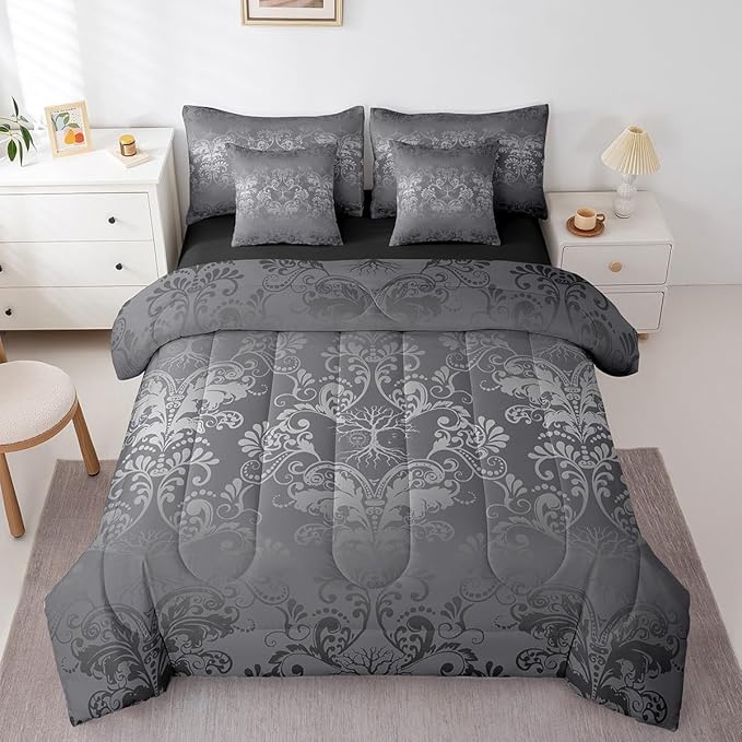 Erosebridal Gothic Damask Bed in a Bag King Size Comforter Set 7 Pieces,Sun Moon Tree of Life Bedding Sets Silver Gray Victorian Floral Goth Sheet Set with Comforter