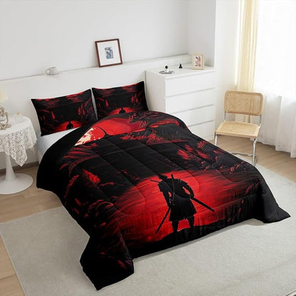 Feelyou Dragon Comforter Set Toddler Size Japanese Style Comforter for Boys Girls Teens Samurai Bedding Set Sunset Duvet Set Room Decor Red Black Quilt Set
