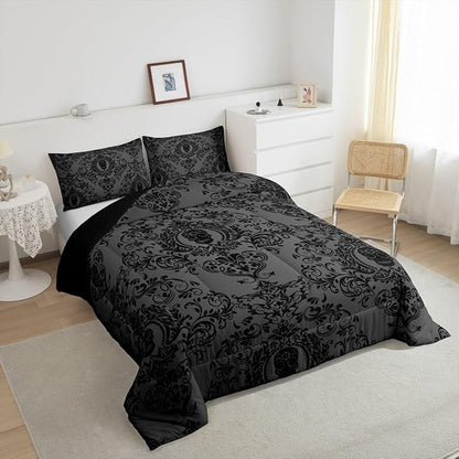 Feelyou Adults Black Vintage Damask Floral Comforter Set Oriental Antique Comforter Twin Size Gothic Bohemia Boho Bedding Set Exotic Sugar Skull Duvet Set Quilt Set 2Pcs