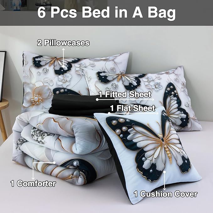 A Nice Night 6pcs Bed in A Bag Black and Glod Dreamy 3D Butterfly Printed, with Pearl Flower Design Butterflies Bedding Full Comforter Set, for Girls Kids Teens