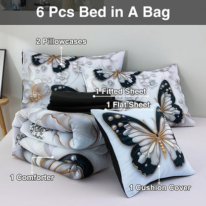 A Nice Night 6pcs Bed in A Bag Black and Glod Dreamy 3D Butterfly Printed, with Pearl Flower Design Butterflies Bedding Twin Comforter Set, for Girls Kids Teens