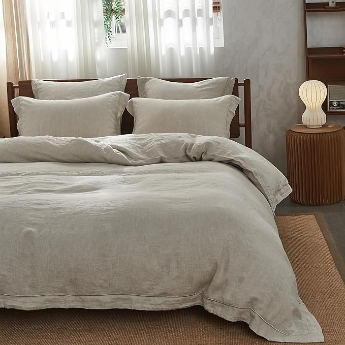 Simple&Opulence 100% Washed Linen Duvet Cover with Embroidered, 2 Pieces Soft Farmhouse Comforter Set with Button Closure,1 Duvet Cover and 1 Pillowsham(Twin,Natural Linen)