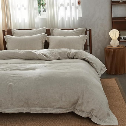 Simple&Opulence 100% Washed Linen Duvet Cover with Embroidered, 2 Pieces Soft Farmhouse Comforter Set with Button Closure,1 Duvet Cover and 1 Pillowsham(Twin,Natural Linen)