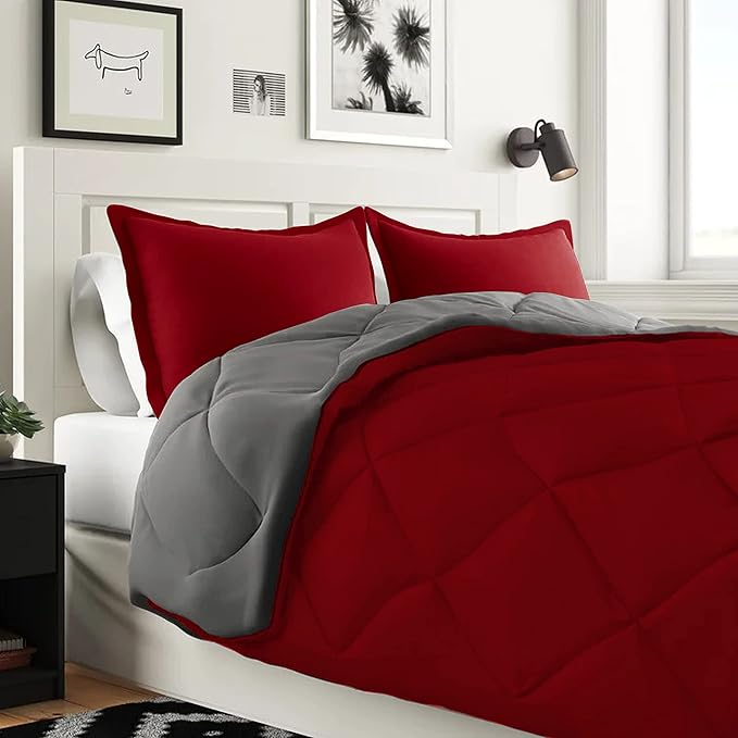 Elegant Comfort 7-Piece Twin Size Bed-in-a-Bag - Luxury 1500 Thread Count Comforter & Sheet Set, Super Cozy, Wrinkle and Stain Resistant, Red/Gray