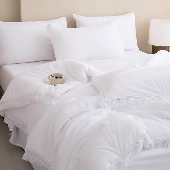 Andency Queen Comforter Set with Sheets White -7 Pieces Boho Tassel Bed in a Bag Soft Lightweight Bedding Sets, All Season Fringe Bed Set with Comforter, Sheets, Pillowcases & Shams