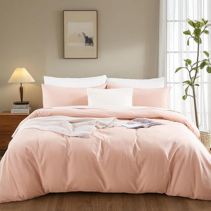 NEXHOME PRO Duvet Cover Set Oversized Queen 98"x98" Linen Look Textured Organic Natural 100% Washed Cotton Duvet Cover 3 Pieces Bedding Set Zipper Closure, Breathable, Dusty Pink (No Comforter)