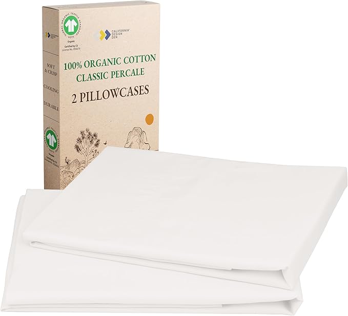 California Design Den 100% Organic Cotton Standard/Queen Pillow Cases 2, Soft Percale Weave Cotton Breathable Pillowcases - True Ivory