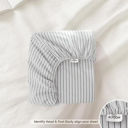 MooMee Fitted Bottom Sheet Only 100% Washed Cotton Linen Like Textured Breathable Durable Soft Comfy Deep Pocket Fits Mattress up to 17" (White Dark Grey Wide Stripes, King)