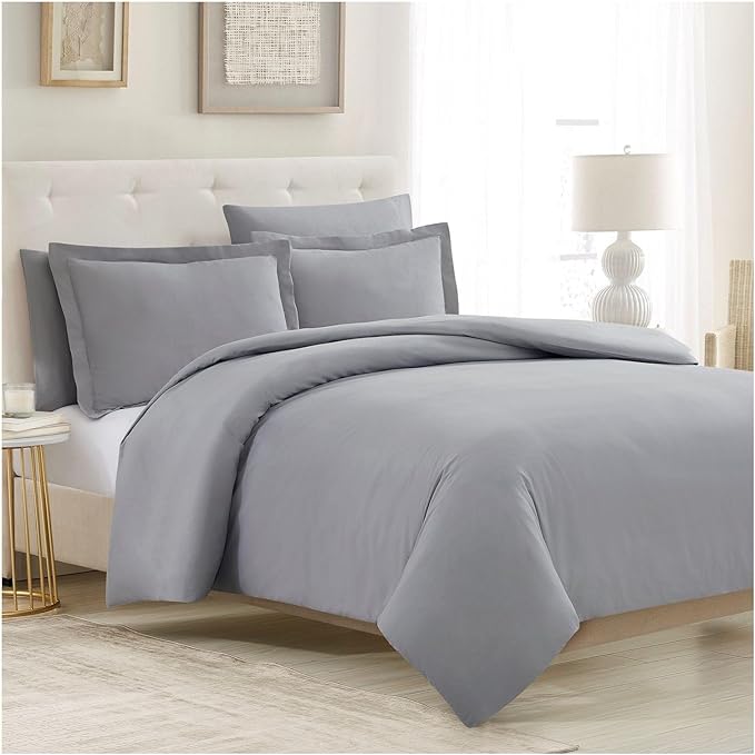 Mellanni Duvet Cover Set - 5 PC Iconic Collection Bedding Set - Hotel Luxury, Extra Soft & Cooling - Microfiber - Button Closure and Corner Ties (Oversized Queen, Light Gray)