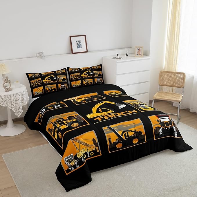 Erosebridal Excavator Comforter Set King Tractor Truck Bedding Set Construction Vehicle Down Comforter for Boys Kids Girls Teens Cartoon Heavy Machinery Car Bedding Sets & Collections, Gray Yellow