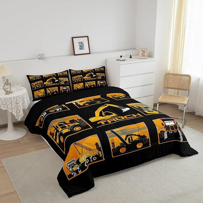 Erosebridal Excavator Comforter Set King Tractor Truck Bedding Set Construction Vehicle Down Comforter for Boys Kids Girls Teens Cartoon Heavy Machinery Car Bedding Sets & Collections, Gray Yellow