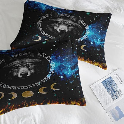 Comforter Set Twin Size, Wolf Animal Dog 5 Pcs Bedding for Kids and Adults, Starry Space Galaxy Bed Sheet Sets with Fitted Sheet Pillowcase & Sham for Bedroom Bed Decor