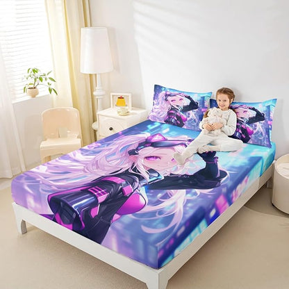 Erosebridal Girls Japanese Anime Fitted Sheet Full, Kawaii Anime Girl Bed Sheets Cartoon Girl Bedding Set for Kids Teens Adult Women, Japanese Animation Sci Fi Style Sheets,Blue Purple