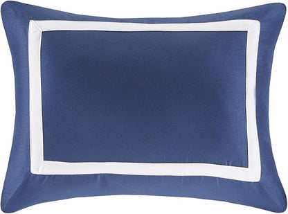 Madison Park Heritage Comforter Quilt Combo Set - Modern Luxury Design, All Season Down Alternative Bedding, Matching Shams, Decorative Pillows, Full/Queen(90"x90"), Color Block Navy 8 Piece