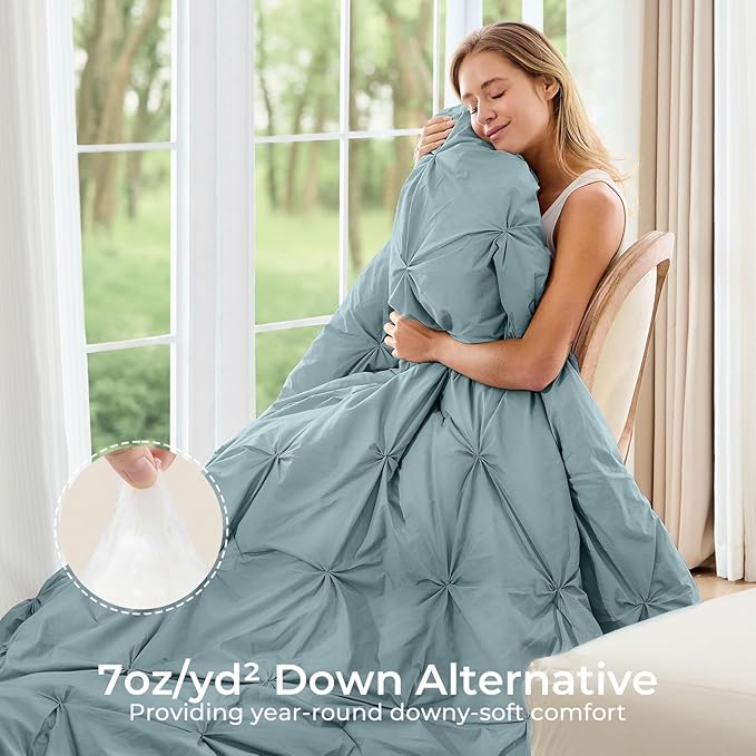 Sasttie California King Comforter Set, 7-Piece Bed in a Bag, Pintuck Bedding Sets for All Season, Includes Comforter, Flat Sheet, Fitted Sheet, Pillowcases and Pillowshams, Greyish Blue