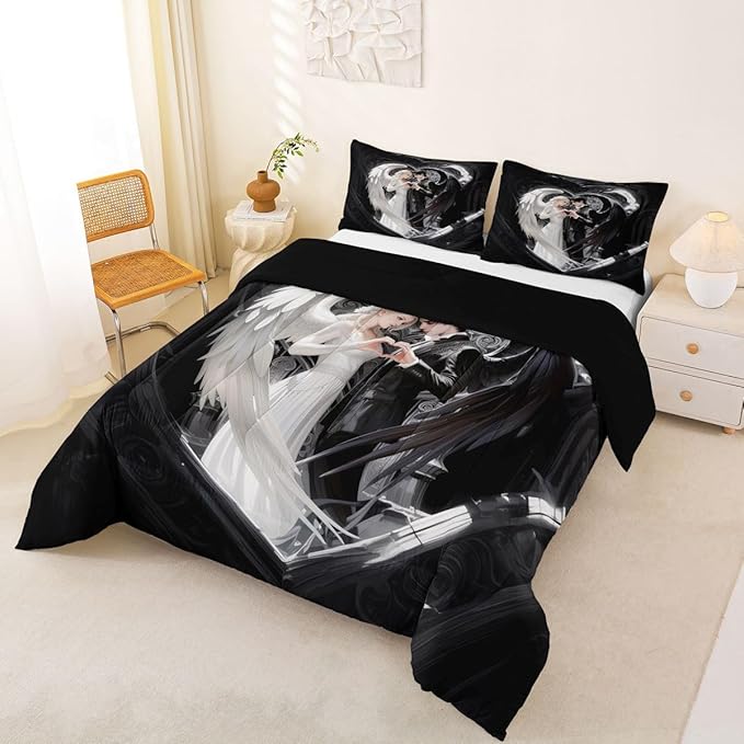 Erosebridal Angel Wings Kids Bedding | Black and White Angel Queen Comforter Sets,Romance Love Comforter Princess Fairy Style Duvet Insert with 2 Pillow Cases