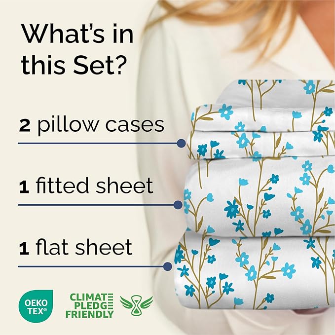Floral Sheets - Blue Floral Bed Sheet Set - 1 Flat, 1 Fitted & 2 Pillowcases w/ Deep Pockets - Comfy, Wrinkle & Fade Free - Boho Botanical Bedding - Soft, Breathable and Cooling - Cal King Size Set