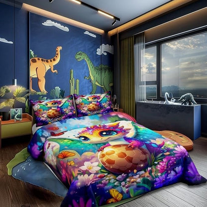 Castle Fairy Watercolor Flowers Butterfly Bedding Set for Boys Girls,Baby Dragon Eggs All Season Cozy Comforter Set Full Size,Cartoon Dragon Duvet Set Bedroom Decor,Personalized Birthday Gifts