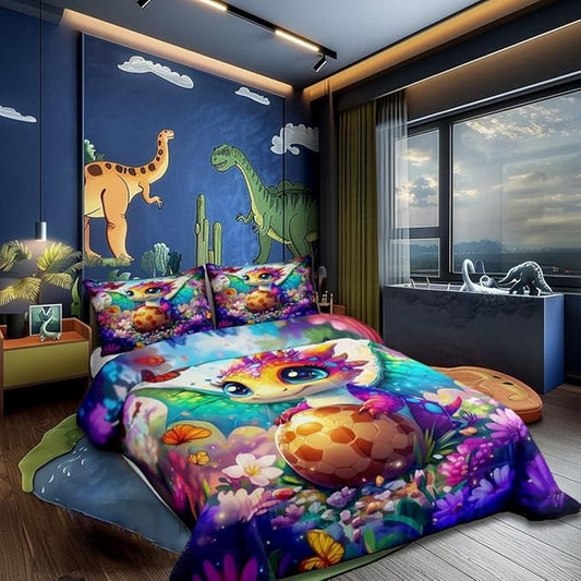 Castle Fairy Watercolor Flowers Butterfly Bedding Set for Boys Girls,Baby Dragon Eggs All Season Cozy Comforter Set Full Size,Cartoon Dragon Duvet Set Bedroom Decor,Personalized Birthday Gifts