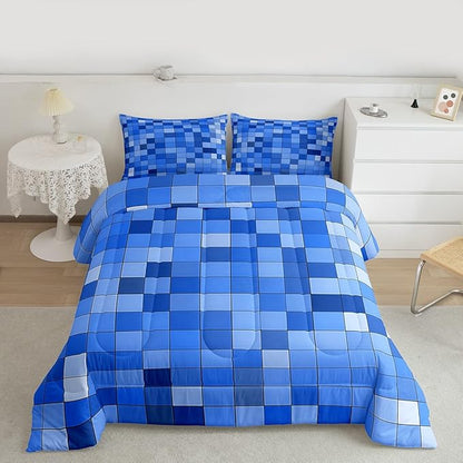 Pixel Grid Miners Comforter Set King Size,Video Games Plaid Lattice Kids Bedding Set,Geometric Check Quilt Comforter,Light Blue Duvet Insert,2 Pillowcases
