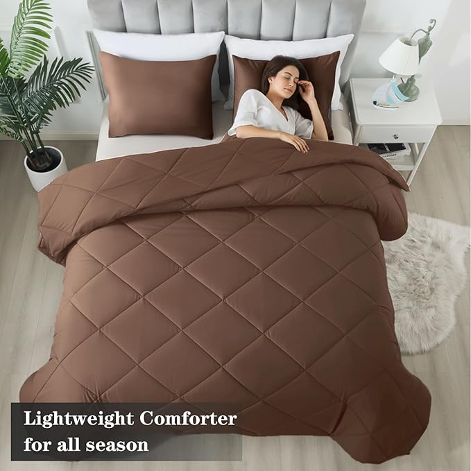 3-Piece Twin Comforter Set,All-Season,Soft & Hypoallergenic &Breathable Bedding,Polyester Quilted,Down Alternative(Comforter*1 & Pillowcases*1),Chocolate